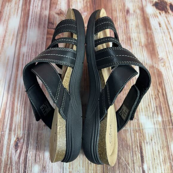 Clarks APRIL WILLOW Size 9 Black Leather Sandals Slides Comfort Open Toe Shoes - Picture 6 of 10
